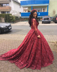 Illusion Long Sleeves V-neck Ball Gowns Lace Prom Dresses