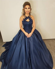 Sexy Halter Top Long Satin Ball Gowns Wedding Dresses Lace Embroidery Beaded