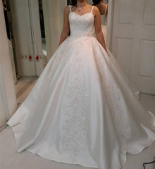 Sexy Spaghetti Straps Sweetheart Satin Ball Gowns Wedding Dresses Lace Embroidery