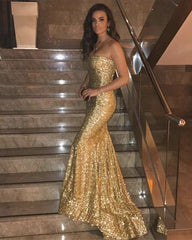 Long Strapless Bodice Corset Sequins Mermaid Bridesmaid Dresses