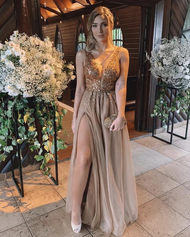 High Split Tulle V-neck Evening Dresses Sequin Beaded