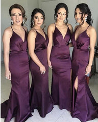 Sexy V-Neck Long Satin Mermaid Split Bridesmaid Dresses Open Back
