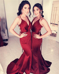 Sexy V-Neck Long Satin Mermaid Split Bridesmaid Dresses Open Back