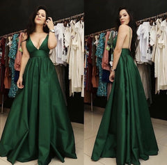 Plunge V-neck Floor Length Satin Prom Dresses