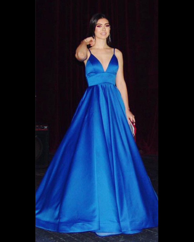 Sexy Spaghetti Straps V-neck Long Satin Bridesmaid Dresses Floor Length