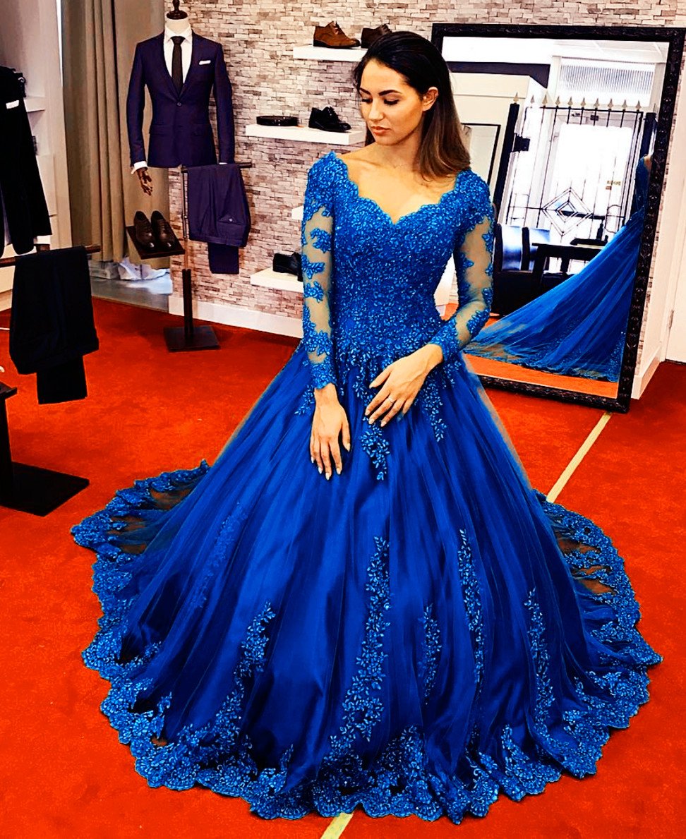 Long Sleeves Royal Blue Lace Ball Gowns Wedding Dresses