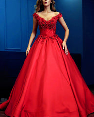 Lace Flowers Beaded V-neck Satin Prom Dresses Ball Gown Off Shoulder