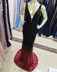 Ombre Mermaid V-neck Court Train Prom Sequins Dresses