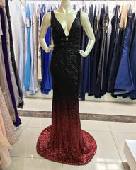 Ombre Mermaid V-neck Court Train Prom Sequins Dresses