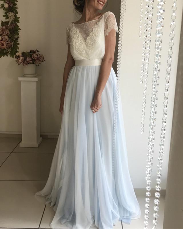Lace Short Sleeves Tulle Backless Wedding Dresses