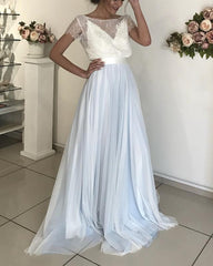Lace Short Sleeves Tulle Backless Wedding Dresses