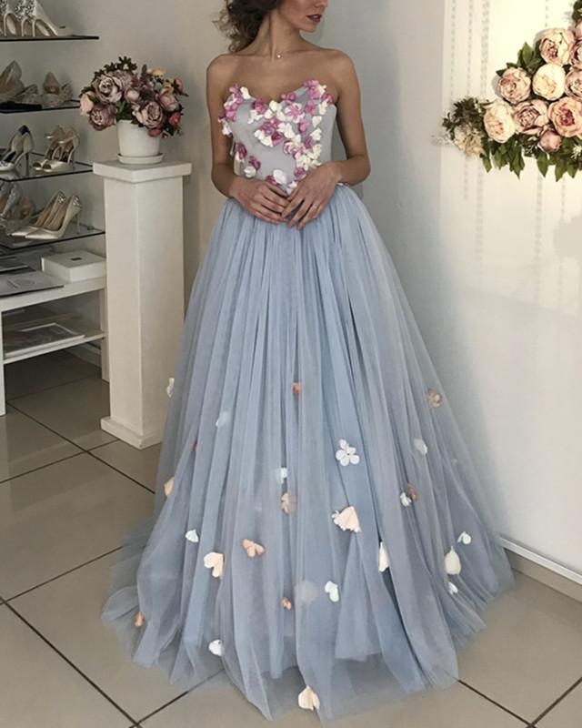 A-line Floral Flowers Sweetheart Tulle Floor Length Wedding Dress
