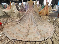 Luxurious 3D Lace Flowers Light Blue Satin Ball Gown Wedding Dresses 2018