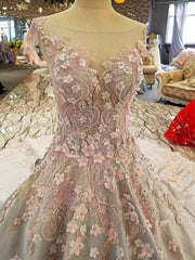 Luxurious 3D Lace Flowers Light Blue Satin Ball Gown Wedding Dresses 2018