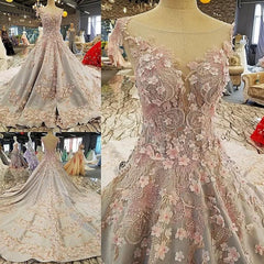 Luxurious 3D Lace Flowers Light Blue Satin Ball Gown Wedding Dresses 2018