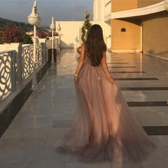 Peach And Grey Tulle V Neck Prom Long Dresses With Sequins Beaded