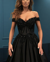 Elegant Lace Beaded Off Shoulder Satin Prom Dresses Ball Gowns