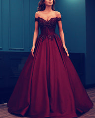 Elegant Lace Beaded Off Shoulder Satin Prom Dresses Ball Gowns