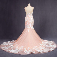 Ivory Lace Appliques Champagne Tulle Backless Mermaid Wedding Dresses