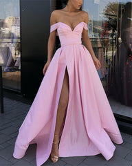 Sexy Off Shoulder Pom Long Dress Leg Split Satin Gowns
