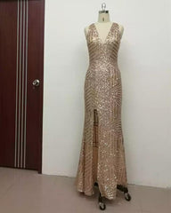 Sexy Leg Split Open Back Mermaid Sequins Prom Dresses