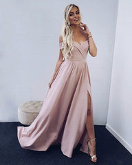 Spaghetti Straps Off Shoulder Long Satin Prom Dresses Leg Split