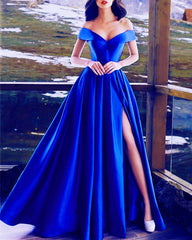 Sexy V-neck Off The Shoulder Long Satin Prom Dresses Split Evening Gowns