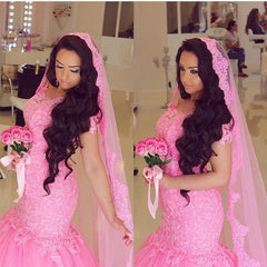 Elegant Lace Cap Sleeves Tulle Mermaid Wedding Gowns