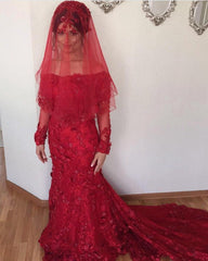 Off The Shoulder Long Sleeves Burgundy Lace Mermaid Wedding Dresses