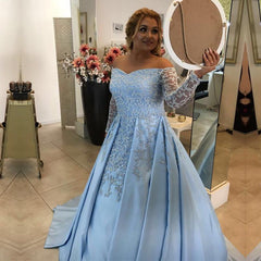 V Neck Off Shoulder Light Blue Satin Ball Gowns Evening Dress For Engagement Party