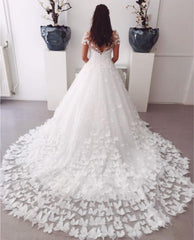 A-line Sweep Train Butterfly Wedding Dresses Lace Cap Sleeves