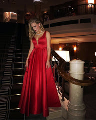 Plunge V-neck Floor Length Satin Bridesmaid Dresses Long