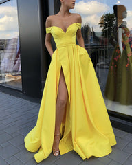 Sexy Off Shoulder Pom Long Dress Leg Split Satin Gowns
