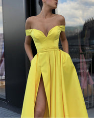 Sexy Off Shoulder Pom Long Dress Leg Split Satin Gowns