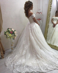 Lace Embroidery Off Shoulder Tulle Wedding Dresses Princess
