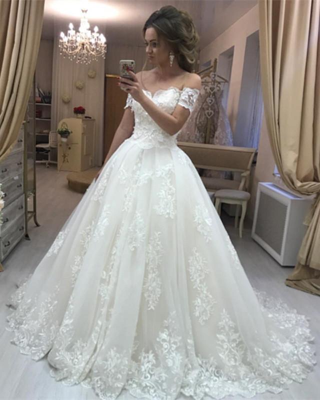 Lace Embroidery Off Shoulder Tulle Wedding Dresses Princess