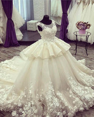Ivory Lace Flowers Beaded Scoop Neckline Ball Gowns Wedding Dresses 2018