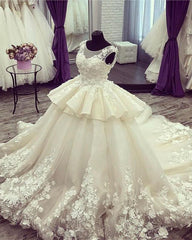 Ivory Lace Flowers Beaded Scoop Neckline Ball Gowns Wedding Dresses 2018