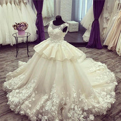 Ivory Lace Flowers Beaded Scoop Neckline Ball Gowns Wedding Dresses 2018