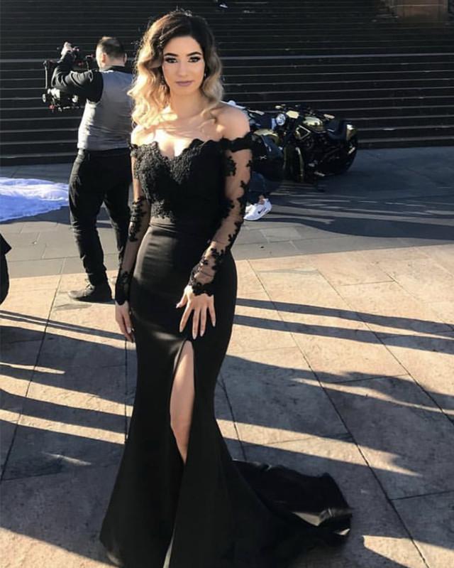 Lace Long Sleeves Off Shoulder Mermaid Bridesmaid Dresses Leg Slit