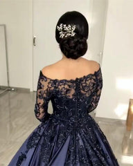 Lace Long Sleeves Off Shoulder Satin Wedding Dresses Ball Gowns