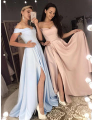 Long Bridesmaid Dresses Off Shoulder Satin Split Gowns