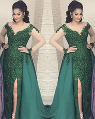 Sheer Long Sleeves Leg Slit Satin Mermaid Evening Dresses Lace Appliques