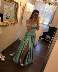 V Neck Leg Slit Satin Long Bridesmaid Dresses Off The Shoulder