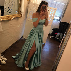 V Neck Leg Slit Satin Long Bridesmaid Dresses Off The Shoulder