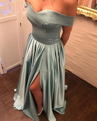 V Neck Leg Slit Satin Long Bridesmaid Dresses Off The Shoulder
