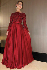 Long Sleeves Floor Length Satin Evening Dresses Sequin Beaded