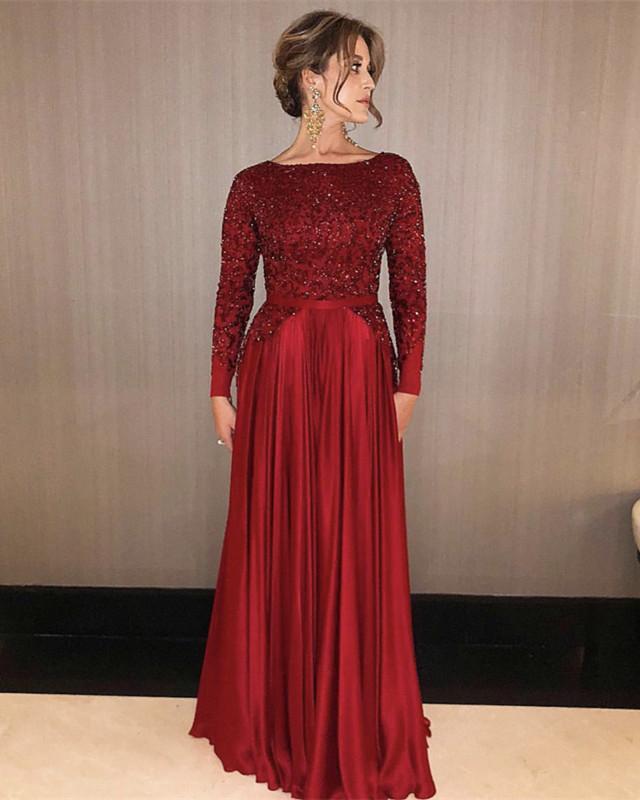 Long Sleeves Floor Length Satin Evening Dresses Sequin Beaded