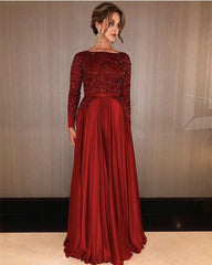 Long Sleeves Floor Length Satin Evening Dresses Sequin Beaded
