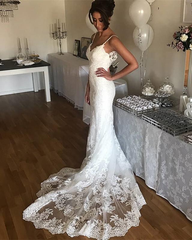 Sexy Spaghetti Straps Sweetheart Lace Mermaid Wedding Dresses 2018